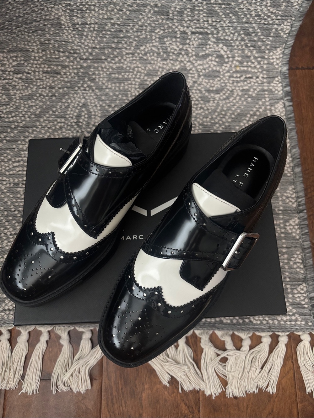 Marc Fisher Black & White Two-Tone Monk Strap Wingtip Oxfords